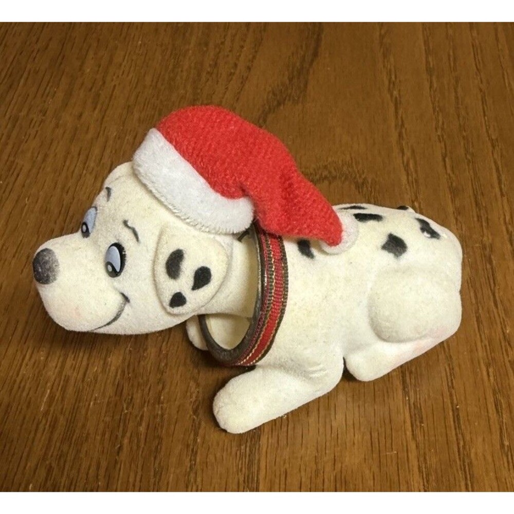 Vtg Flocked Christmas Dalmatian Bobblehead Dog Santa Hat Nodder Dashboard Toy
